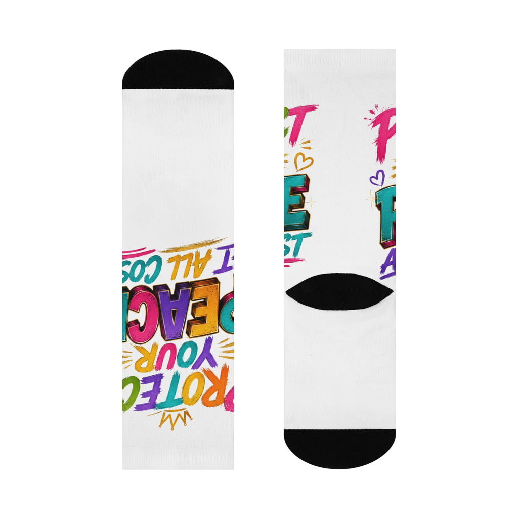 Protect Your Peace Crew Socks – Colorful Peace Sign Inspirational Socks, Motivational Self-Care Crew Socks, Positive Mindset & Wellness Gift