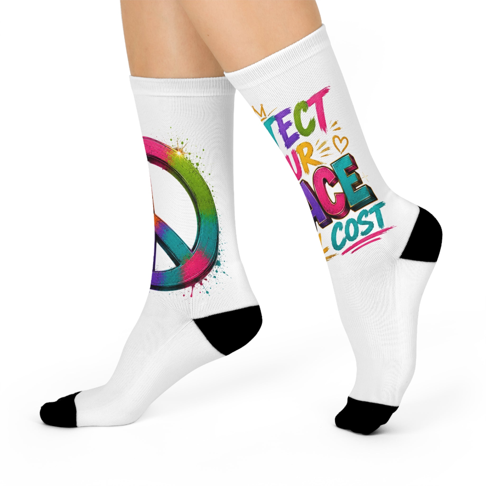 Protect Your Peace Crew Socks – Colorful Peace Sign Inspirational Socks, Motivational Self-Care Crew Socks, Positive Mindset & Wellness Gift
