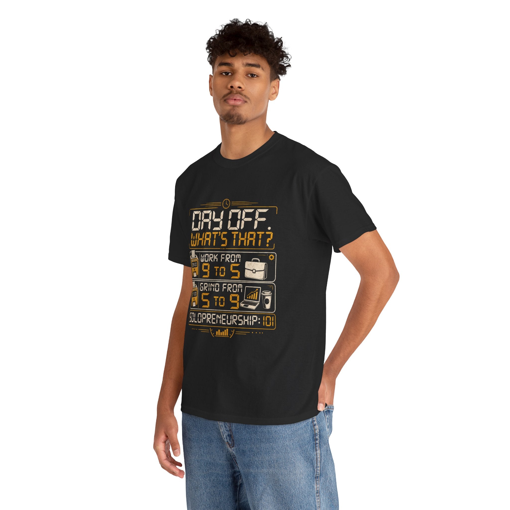 Day Off? What's That? Solopreneurship 101 T-Shirt – Entrepreneur Graphic Tee for Small Business Owners, Side Hustlers, Freelancers & Startup Founders | Retro Digital Clock Design