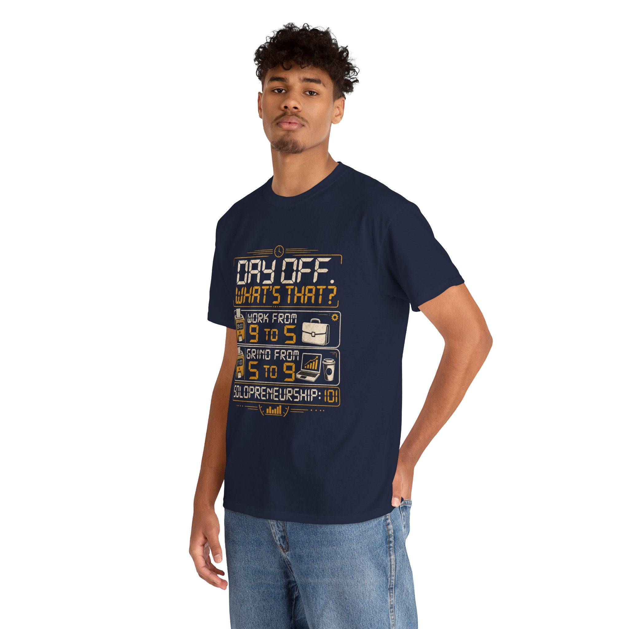 Day Off? What's That? Solopreneurship 101 T-Shirt – Entrepreneur Graphic Tee for Small Business Owners, Side Hustlers, Freelancers & Startup Founders | Retro Digital Clock Design