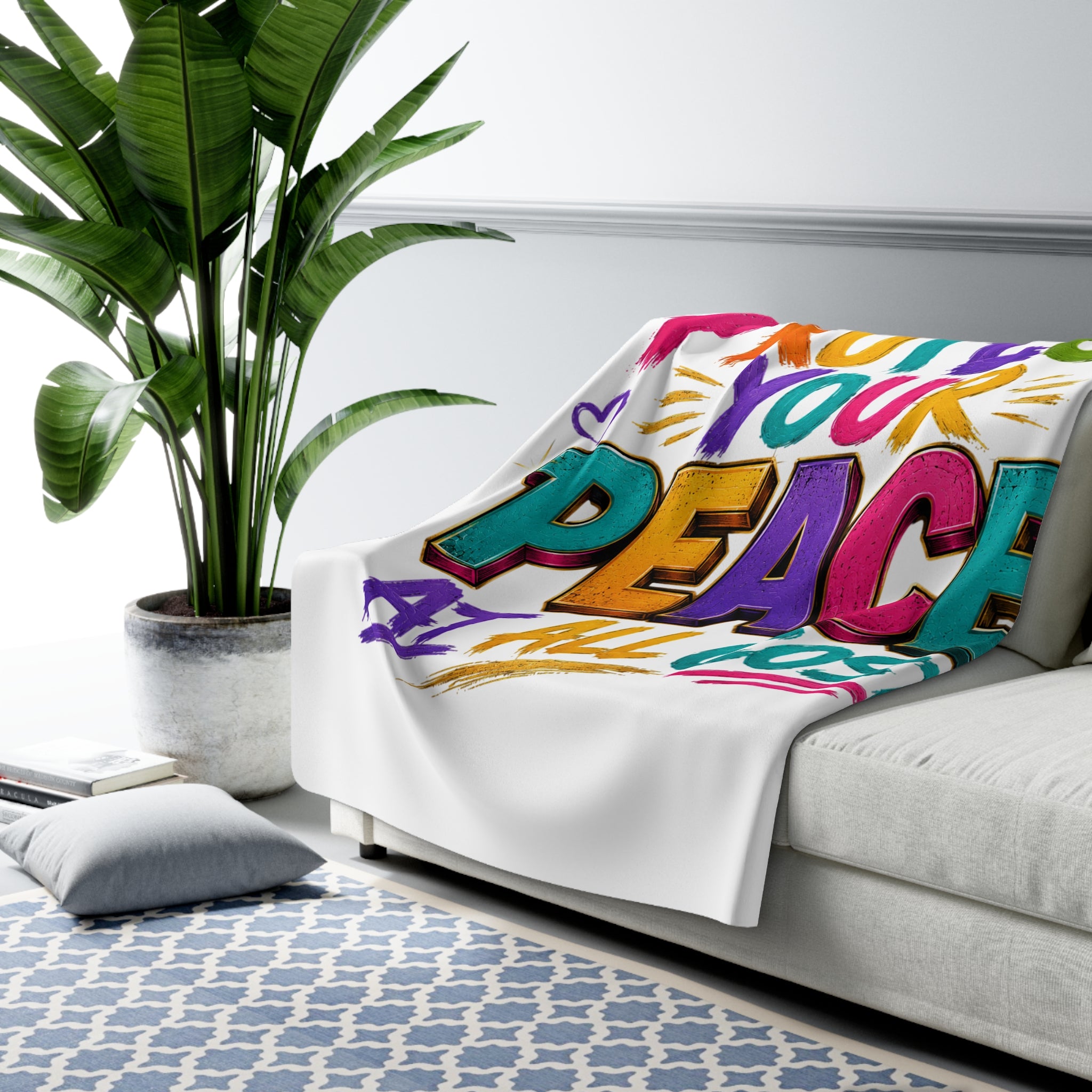 Sherpa Blanket — "Protect Your Peace at All Cost" Colorful Motivational Throw | Cozy Self-Care Blanket | Inspirational Home Decor | Soft Fleece Blanket