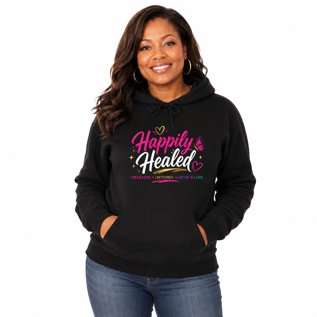 Happily Healed Hoodie for Women – Inspirational Healing Journey Sweatshirt, Self Love Graphic Hooded Pullover, Mental Health Awareness Gift, Cozy Fleece Hoodie