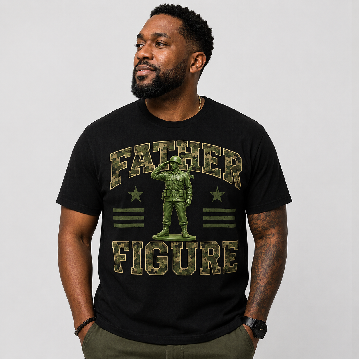 Father Figure T-Shirt – Military Army Man Graphic Tee for Dads, Camouflage Father's Day Shirt, Patriotic Dad Gift, Men's Casual Cotton T-Shirt