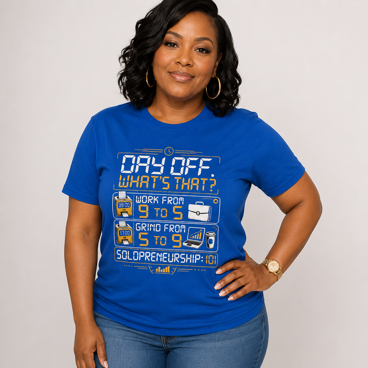 Day Off? What's That? Solopreneurship 101 T-Shirt – Entrepreneur Graphic Tee for Small Business Owners, Side Hustlers, Freelancers & Startup Founders | Retro Digital Clock Design