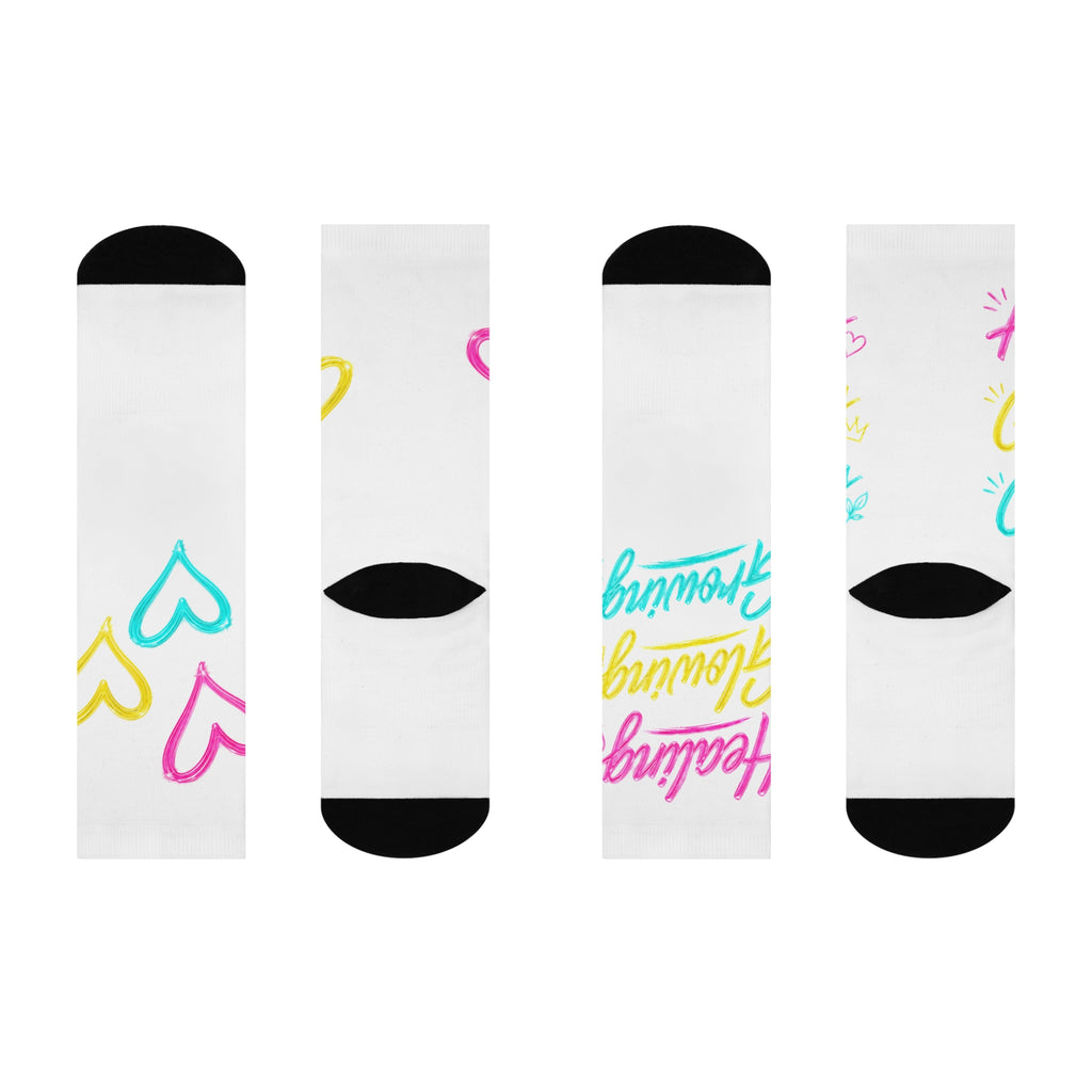 Healing, Glowing & Growing Socks – Inspirational Self-Care Crew Socks, Motivational Positive Mindset Gift for Women, Colorful Wellness & Personal Growth Apparel
