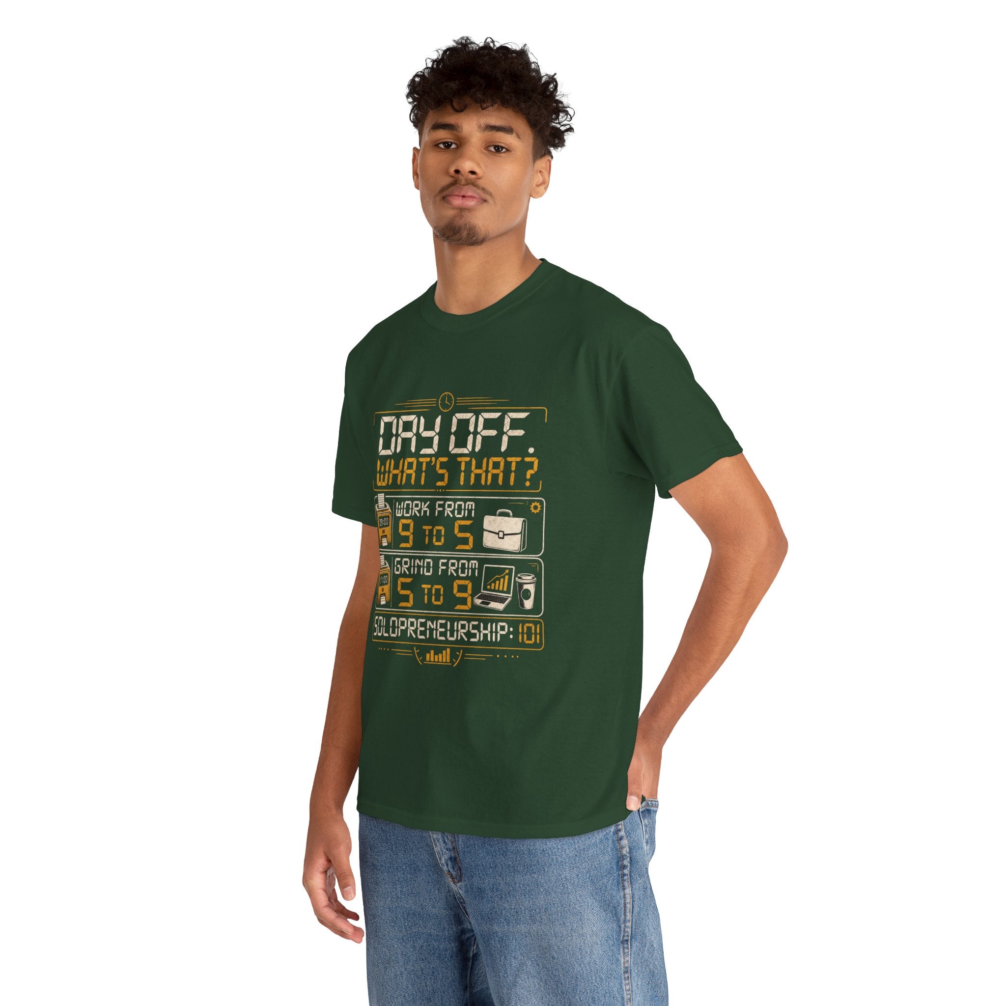 Day Off? What's That? Solopreneurship 101 T-Shirt – Entrepreneur Graphic Tee for Small Business Owners, Side Hustlers, Freelancers & Startup Founders | Retro Digital Clock Design
