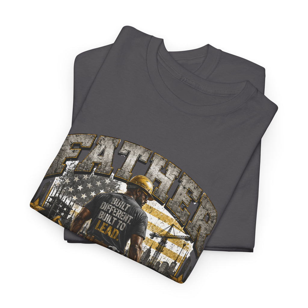 FATHER FIGURE Construction Worker T-Shirt – Built Different. Built to Lead. Front & Back Graphic Tee for Construction Dads, Contractors, Tradesmen & Builders