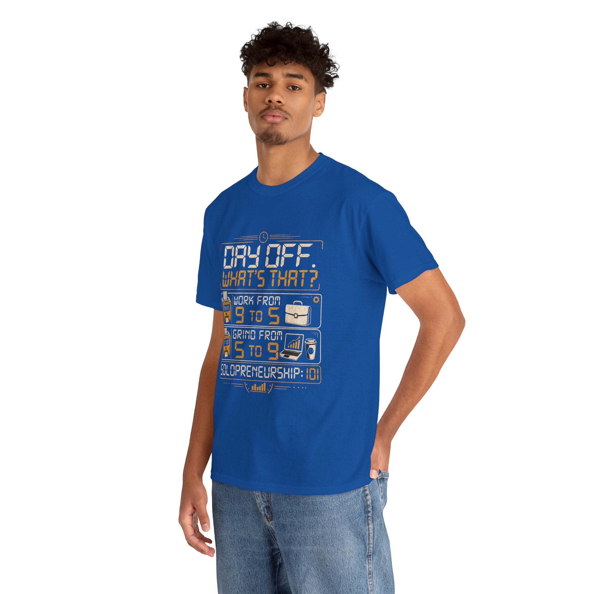 Day Off? What's That? Solopreneurship 101 T-Shirt – Entrepreneur Graphic Tee for Small Business Owners, Side Hustlers, Freelancers & Startup Founders | Retro Digital Clock Design
