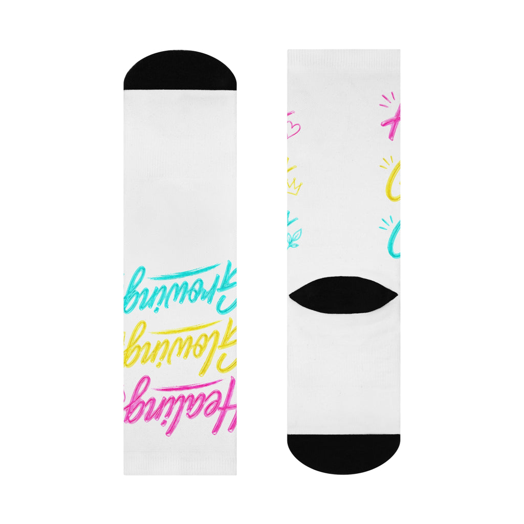 Healing, Glowing & Growing Socks – Inspirational Self-Care Crew Socks, Motivational Positive Mindset Gift for Women, Colorful Wellness & Personal Growth Apparel
