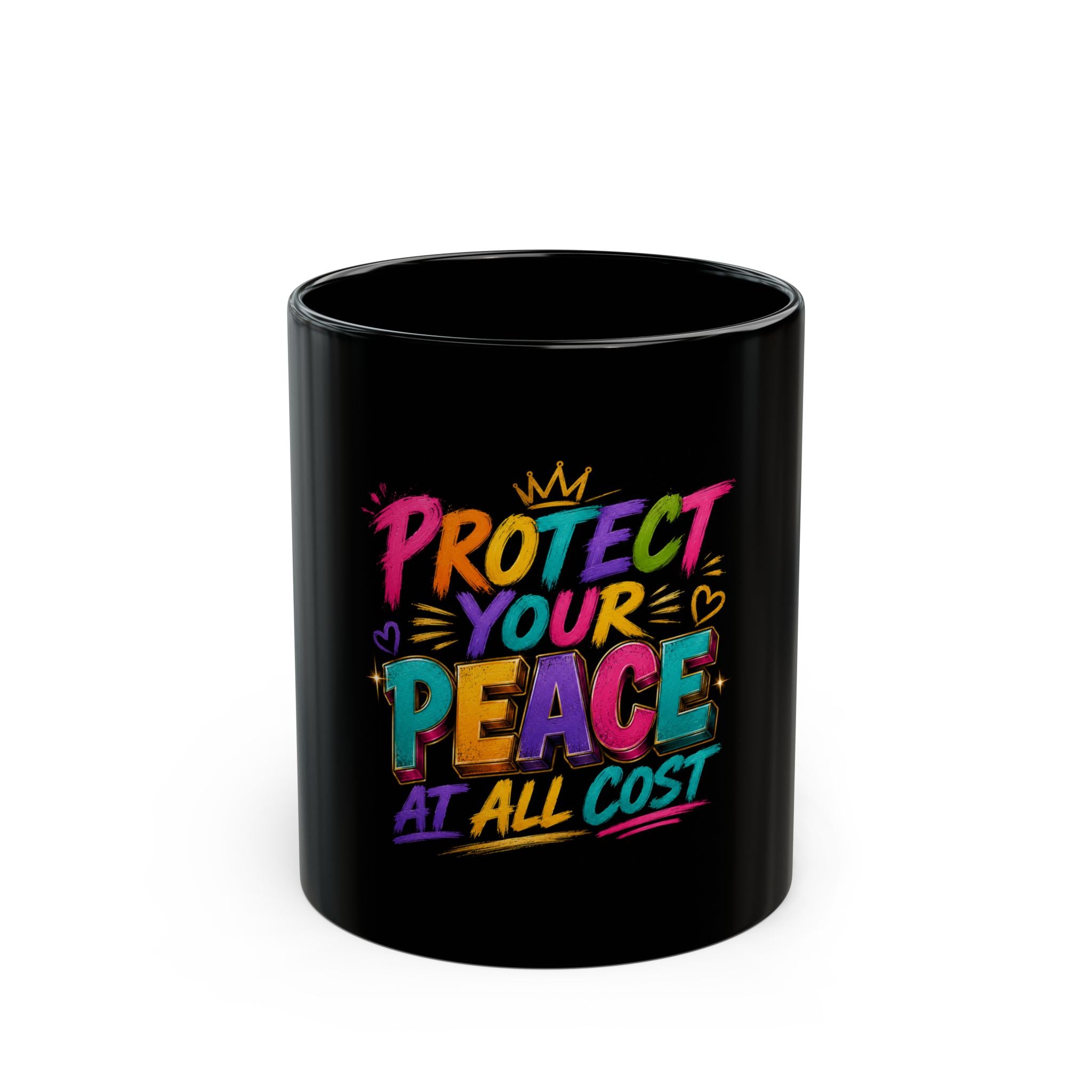Protect Your Peace Mug — Colorful Motivational Coffee Cup (Black, 11oz/15oz)